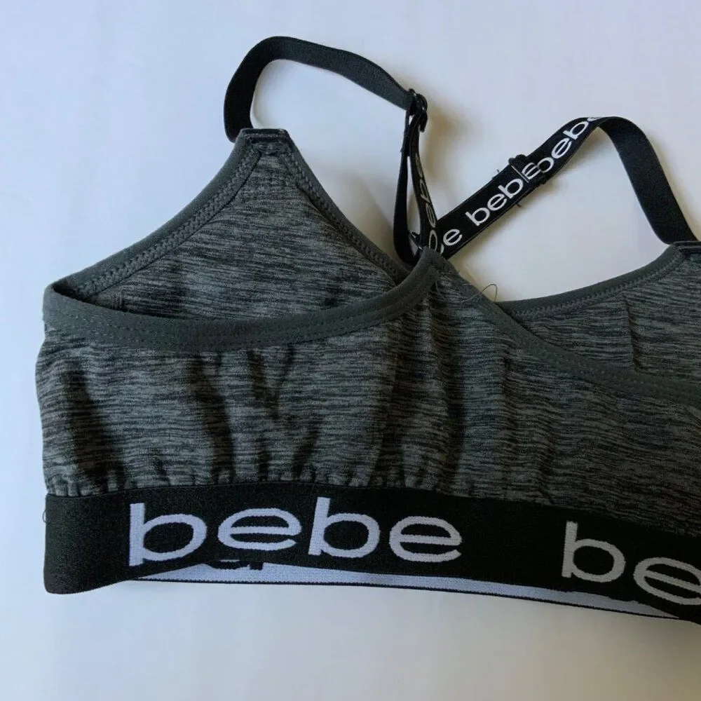 bebe Heathered Grey Black Logo Racerback Sports Bra Size Small